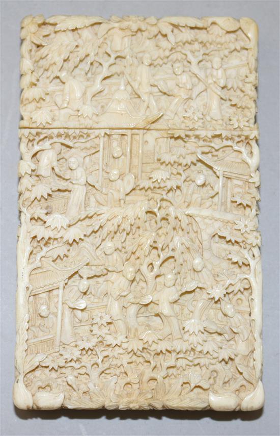 A 19th century Chinese Canton carved ivory card case, 4.25in.